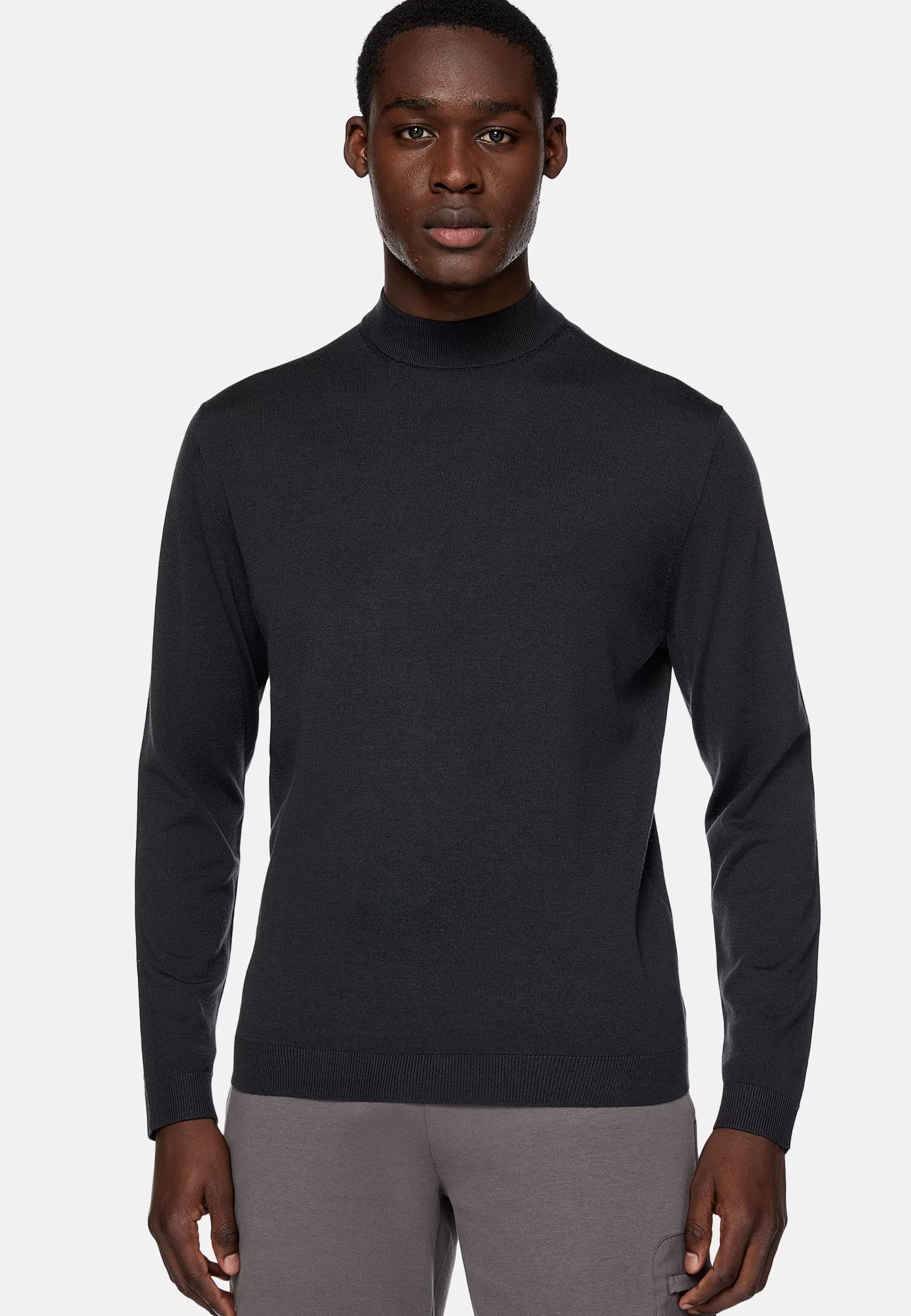 Boggi Milano Charcoal Mock Polo Neck Jumper In Superfine Merino Wool