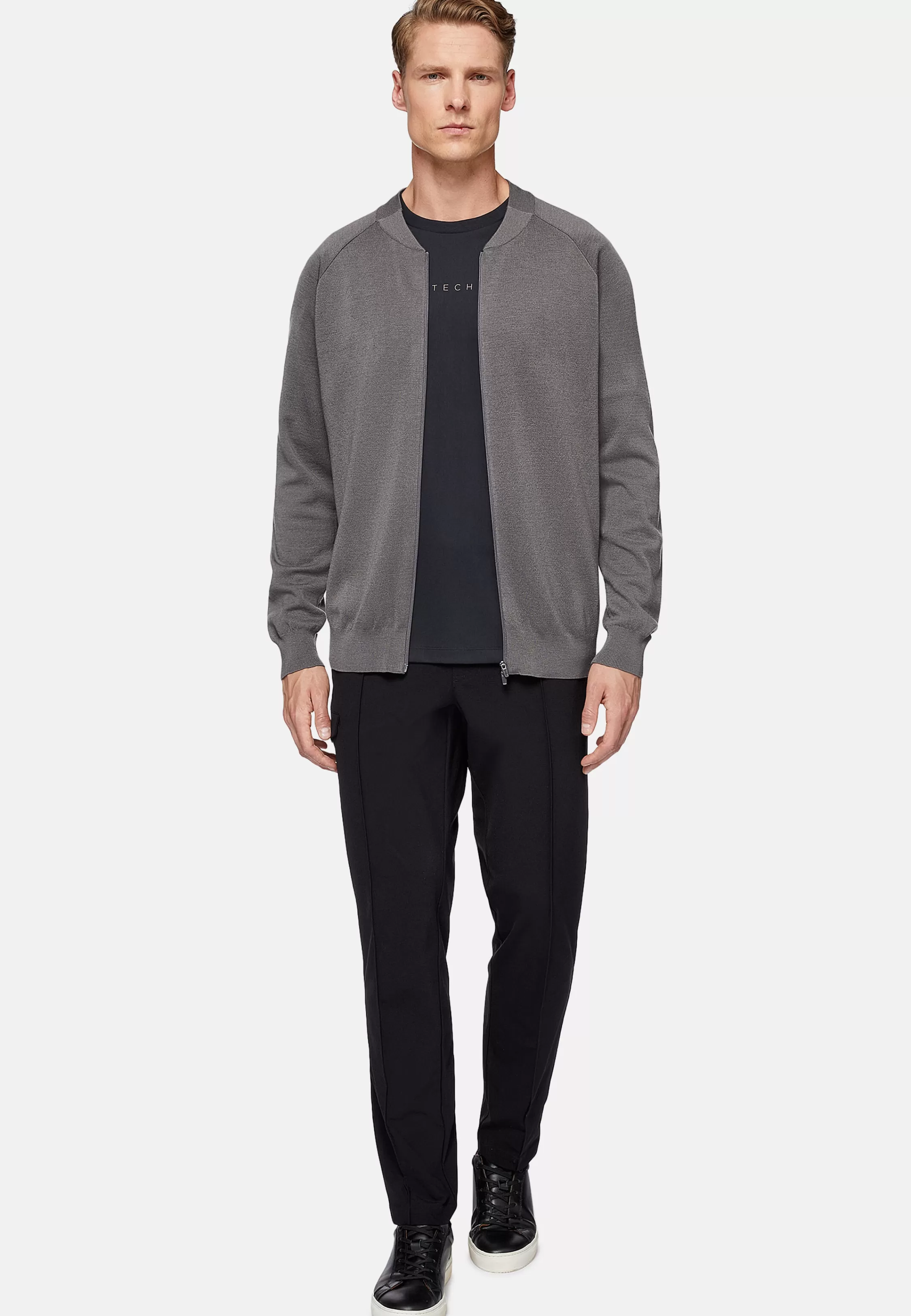 Boggi Milano Dark Grey Merino Wool Tech Bomber Jacket