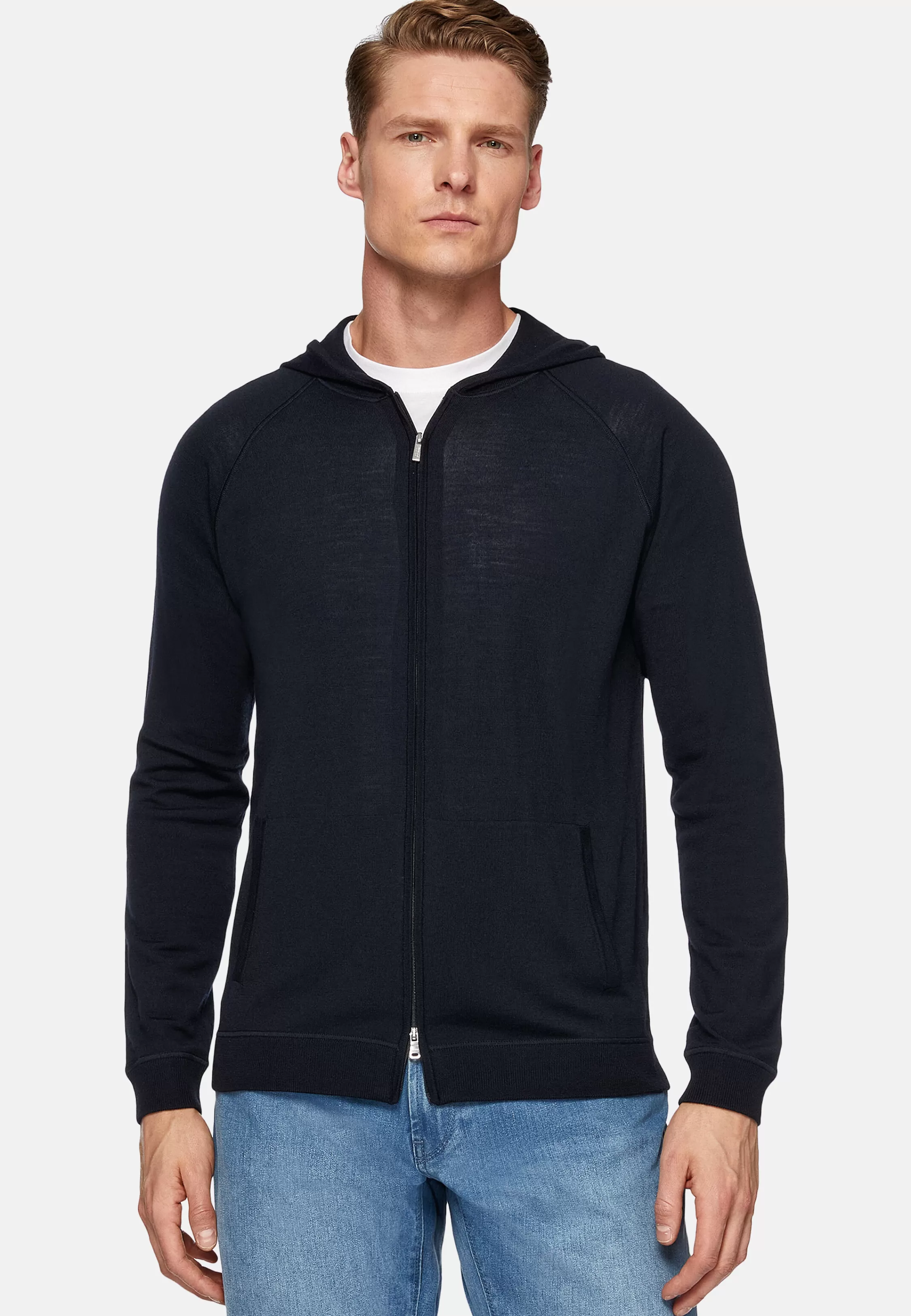 Boggi Milano Full Zip Hooded Jumper In Superfine Merino Wool